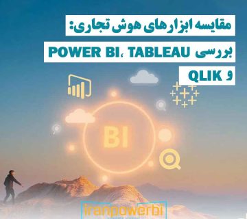 تصویر گرافیکی یک کوه که از ابرها بالا می‌رود و عبارت BI روی آسمان نوشته شده است، نماد ابزارهای هوش تجاری Power BI، Tableau و Qlik